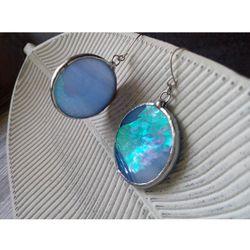 Iridescent stained glass blue earrings, Dichroic earrings, Duochrome earrings, Round stained glass