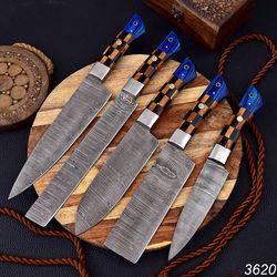 Custom Hand Made Forged Damascus Chef Knife Set Steel Bolster With Bone & Color Sheath Handle
