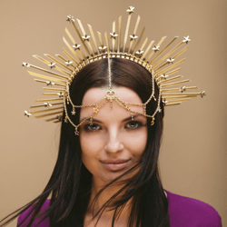 Star halo crown Gold halo headpiece Face chain goddess headdress Celestial wedding Crystal tiara Halloween photoshoot