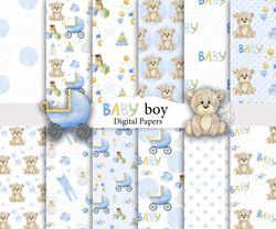 Watercolor baby boy papers, seamless patterns.