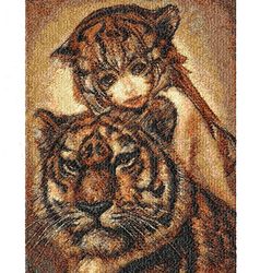 Tigress girl. Tiger and girl. Art. A painting for the wall. Machine embroidery design. Photo stitch. Digital design.
