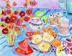 Summer breakfast Original oil painting on canvas Food and drinks painting Flowers bouquet Fauvism Matisse inspired Gift