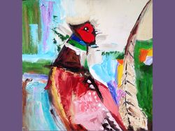 Pheasant Oil Painting Bird Original Art Animal Painting Original Artwork For Walls Textured Painting Impasto 12*12 inch