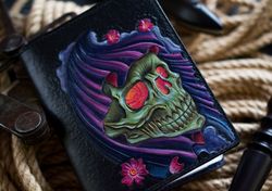Leather ID cover Skull, Notepad cover, ID card cover, leather craft horror