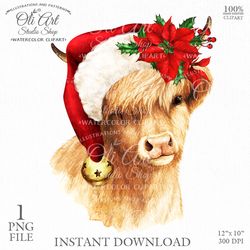 Christmas Highland Cow Clipart PNG, Santa Hat, Farm Animals, Poinsettia. Sublimation Png. OliArtStudioShop