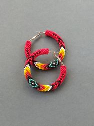 Red beaded Hoop earrings, Ethnic Hoop earrings, Large hoops, Southwest beaded Hoop earrings, Trendy Beaded Hoop Earrings