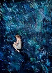 Original Acrylic Painting Woman In Grass Storm Dark Grunge Nature Original Art