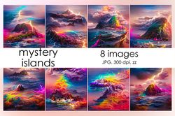 Landscape of the island in abstraction style. 8 pictures of an island with a rainbow. Landscape vertical pictures
