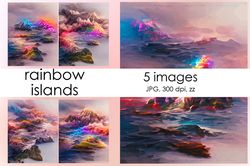 Rainbow islands art in abstraction style. 5 pictures of an island with a rainbow. Landscape vertical picture in abstract