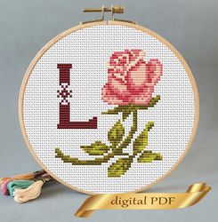 Floral letter L pdf cross stitch Flower monogram alphabet easy embroidery