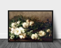 White flowers Wall Art Printable, Vintage Floral Picture still-life digital download