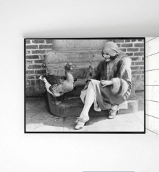 Vintage photo printable Woman with chicken, Farmhouse wall art decor, Vintage Female photo, Animal vintage print