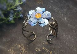 Blue flower bracelet / Cuff bracelet / Titanium jewelry / Floral bracelet jewelry