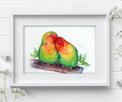 Lovebirds parrots original watercolor 8x11 inch bird painting wall decor by Anne Gorywine