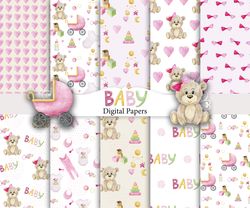 Watercolor baby girl papers, seamless patterns.
