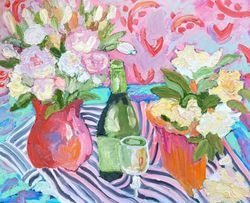 Still life with Eustoma and creamy roses, Original oil painting on canvas, Fauvism art, Impressionism art, Matisse insp