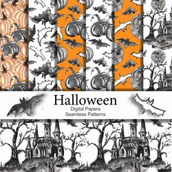 Watercolor Halloween Digital Paper, Seamless Pattern, Haunted House, Pumpkin, Bats, Spider, Halloween Scrapbook Paper