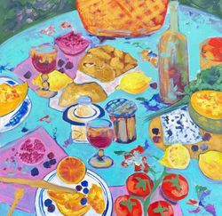 Lunch in Provence Original oil painting on canvas  Fauvism art Food painting Picnic ideas Wine and fruits Cheese Decor