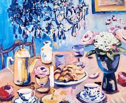 Afternoon tea time Still life Original oil painting on canvas Antique chandelier Food and tea painting Fauvism Wall art