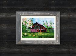 Barn Oil Painting Garden Original Art Home Painting 3D Wall Art Impasto Textured Painting ACEO Art by FusionArtCreation
