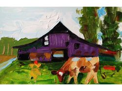 Barn Oil Painting Cow Original Art Home Painting 3D Wall Art Impasto Textured Painting Tree ACEO by FusionArtCreation