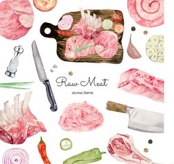 Watercolor Raw meat clipart. Fresh meat slice illustration