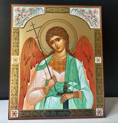 Guardian Angel Icon | Silver and gold foiled icon on thin pressed wood | Large XLG icon 15.7" x 13"