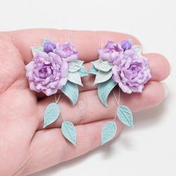 Polymer Clay Flower Earrings. Lavender Purple Peony Rose Earrings. Wedding Blossom Jewelry. Bridesmaid Floral Earrings