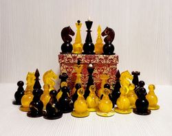Soviet Amber chess pieces (Ambroide) in box. Antique Russian Chess