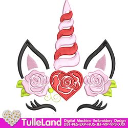 Valentine Floral Magic Unicorn with Rose heart Crown Princess Valentine Design for Machine Embroidery