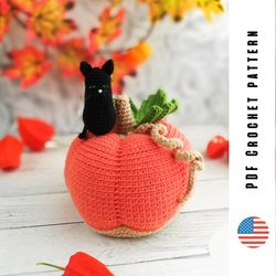 Crochet Halloween toy pattern, amigurumi cute pumpkin with mini black cat, DIY Halloween crocheted decor, PDF pattern