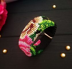 Glass Seed Bead Crochet Bracelet , Seed bead bracelet , Flowers bracelet