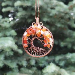 Carnelian Ethnic Tree Of Life with Stone Branches Women/Men Pendant Necklace, Yggdrasil World Tree, Protection Amulet