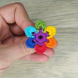 LGBTQ pin crochet. Hand knit rainbow flower brooch unisex. LGBTQ pride gift.