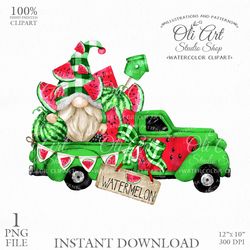 Truck With Watermelons, Gnome Clipart. Hand Drawn Graphics, Instant Download. Digital Download. OliArtStudioShop