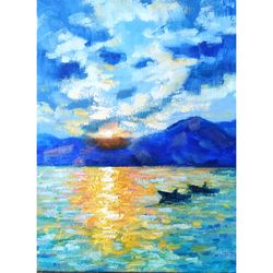 Seascape Painting Sunset Original Art Boat Artwork Impasto Oil Wall Art 8x6 by Sonnegold