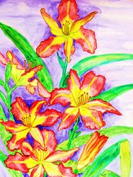 Pink-yellow lilies watercolor painting