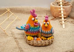 amigurumi easter chicken family: rooster with hen sitting on her nest with 5 eggs, easter decor set of farmhouse birds
