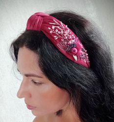 Magenta headband for women, beaded crystal headband, velvet embroidery headband, embellished headband, turban headband