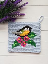 Crochet Pattern Potholder Spring, Bird, Crocuses, Hot pad crochet in PDF