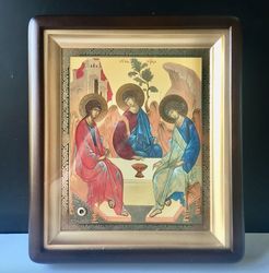 the holy trinity - andrei rublev | icon on wooden box covered with glass -"kiot"  gold and silver foiled, 10.6" x 9"