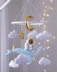 Blue whale and astronaut baby mobile. Baby shower gift. Nursery crib decor