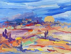 Full moon Original oil painting on cardboard Abstract landscape painting Field painting Fauvism art Impressionism Decor