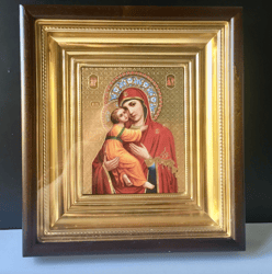 vladimir mother of god | icon in wooden box covered with glass -"kiot"  gold and silver foiled, 10.6" x 9"