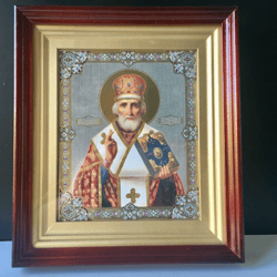 St. Nicholas | Icon in wooden box covered with glass -"KIOT"  Gold and silver foiled, 11.6" x 9,8"