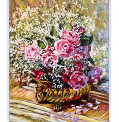 Red Rose Painting, Flower Oil Painting on Canvas, Original Artwork, Claude Monet painting 20 inch by 16 inch