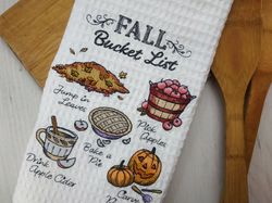 Fall waffle towel "Fall Bucket list", embroidered kitchen towels, kitchen towels with hanging loop, hanging dish towel