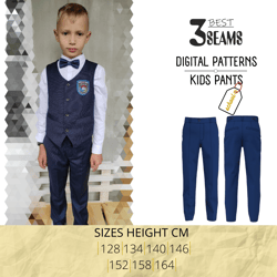 Children classic pants PDF sewing patterns, trousers for a boy, elastic waistband, sizes 128-164 cm height, 7-14 ers