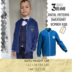 Kids sweatshirt sewing pattern Zipper Bomber jacket pattern Long sleeve loose fit sizes 122-158 cm height A0/ A4 /LETTER