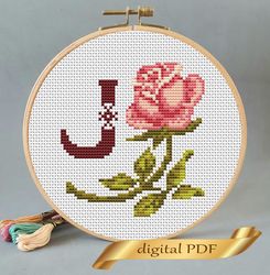 Floral letter J pdf cross stitch Flower monogram alphabet easy embroidery